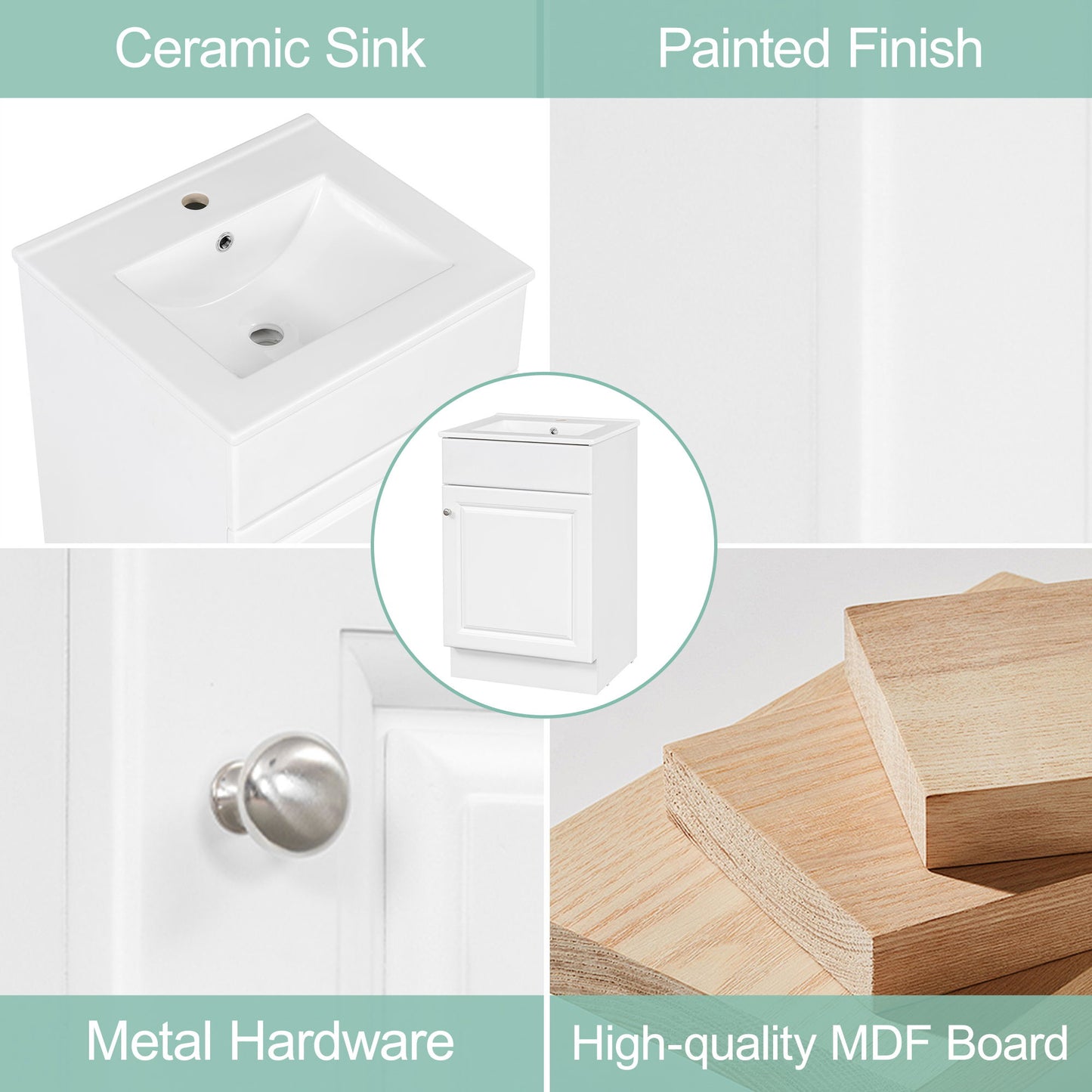 20" Bathroom Vanity With Sink, Freestanding Cabinet With Door Shelf And Adjustable Shelf, And Ceramic Construction - White