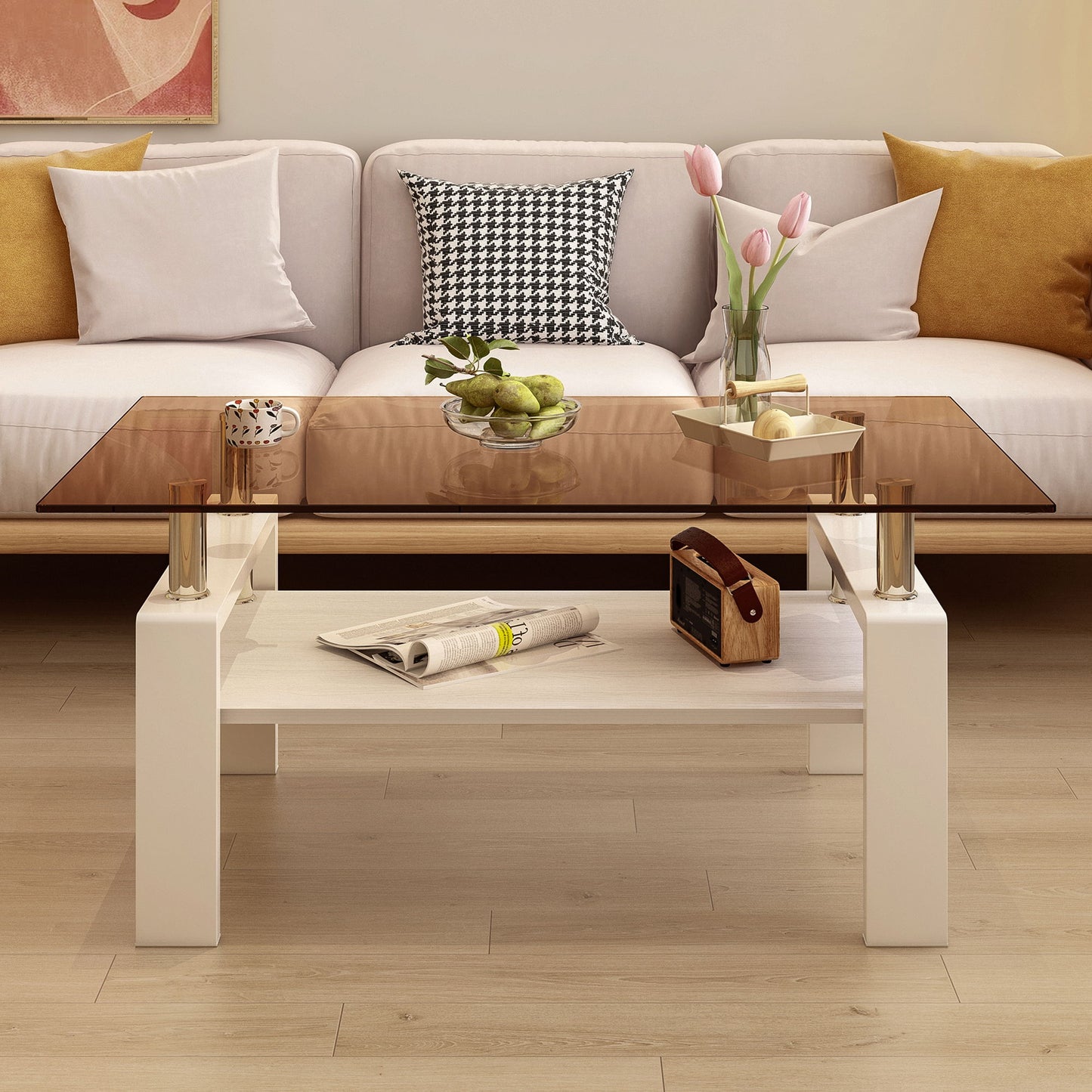 Modern Rectangular Coffee Table With Tempered Glass Top Layer, Table For Living Room - Brown / White