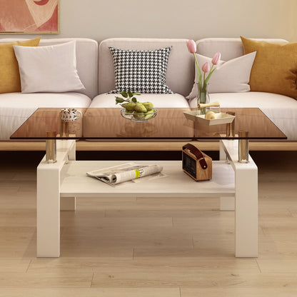 Modern Rectangular Coffee Table With Tempered Glass Top Layer, Table For Living Room - Brown / White