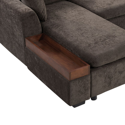 Elegant L Shaped Sectional Sofa With Chenille Upholstery And Wooden Storage Compartment - Brown