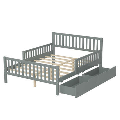 Full Size Platform Bed With Guardrails On Both Sides And 2 Storage Drawers - Gray