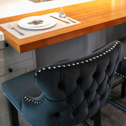 Contemporary Velvet Upholstered Wing-Back Barstools With Button Tufted Decoration And Wooden Legs, And Chrome Nailhead Trim, Leisure Style Bar Chairs, Bar Stools (Set of 4) - Black