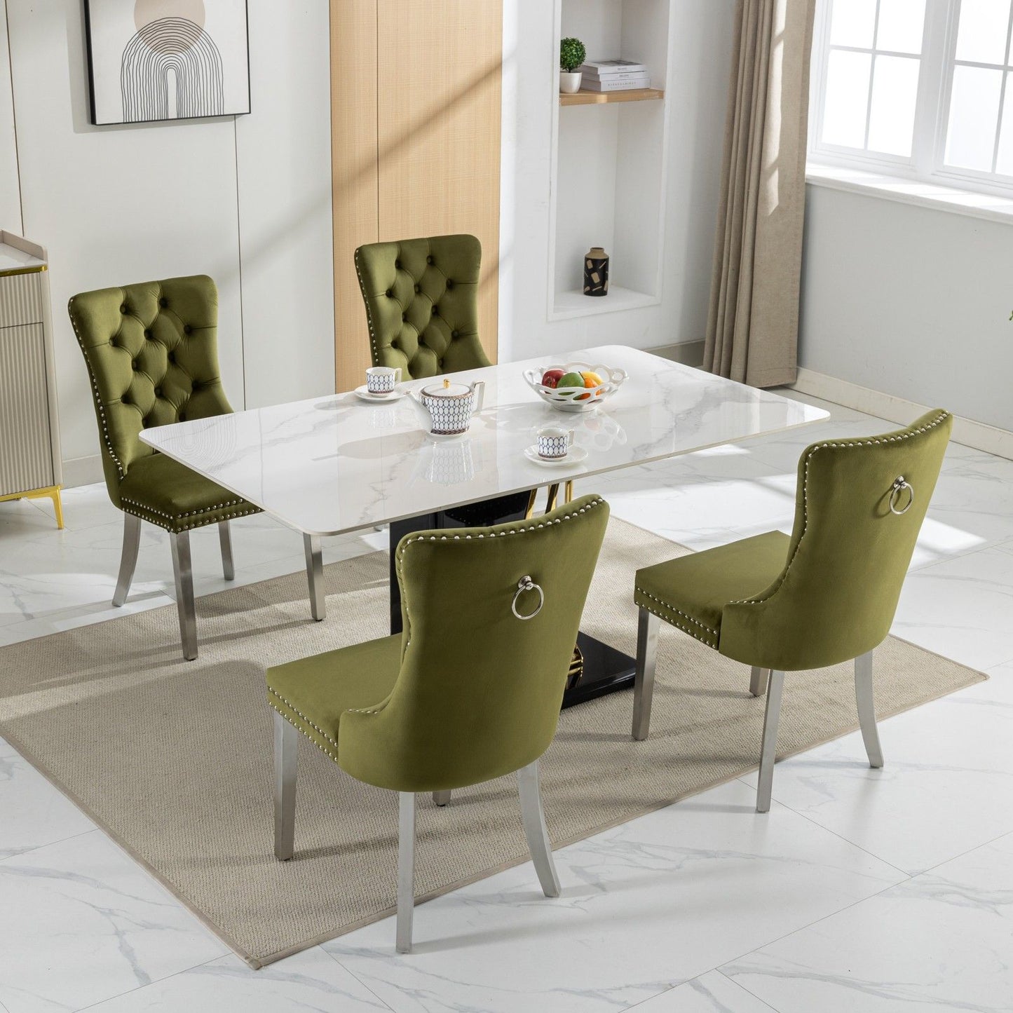 Nikki - Modern, High-End Tufted Solid Wood Contemporary Velvet Upholstered Dining Chair With Chrome Stainless Steel Plating Legs, Nailhead Trim (Set of 2) - Olive Green / Chrome