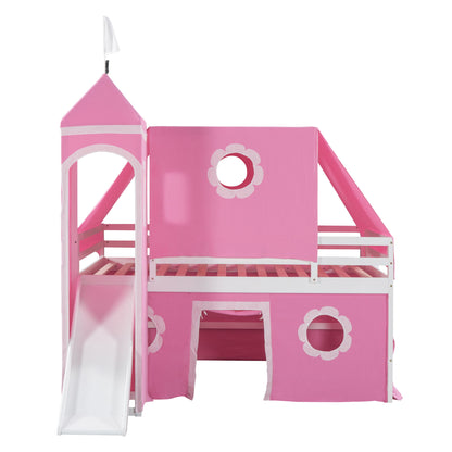 Full Size Loft Bed With Slide And Tent Tower Space Saving Fun Design For Kids - Pink