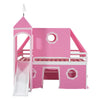 Full Size Loft Bed With Slide And Tent Tower Space Saving Fun Design For Kids - Pink