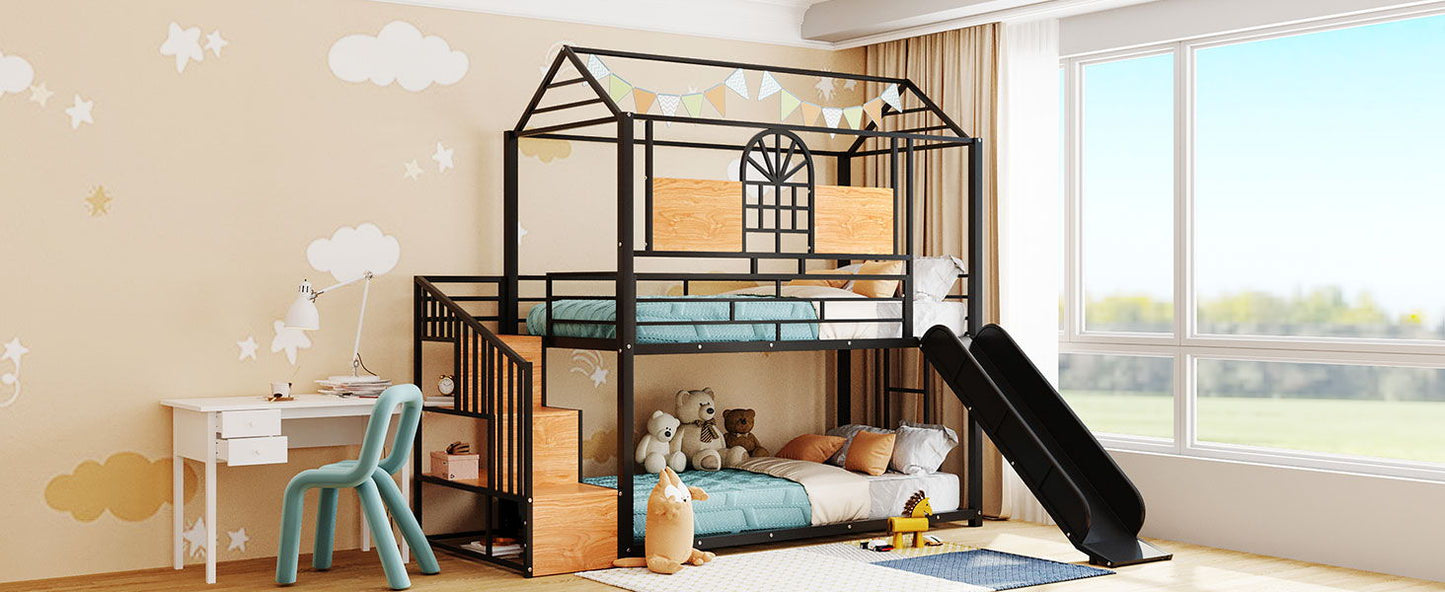 Twin Over Twin Bunk Bed, Housebed With Slide And Storage Stair - Black