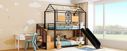 Twin Over Twin Bunk Bed, Housebed With Slide And Storage Stair - Black