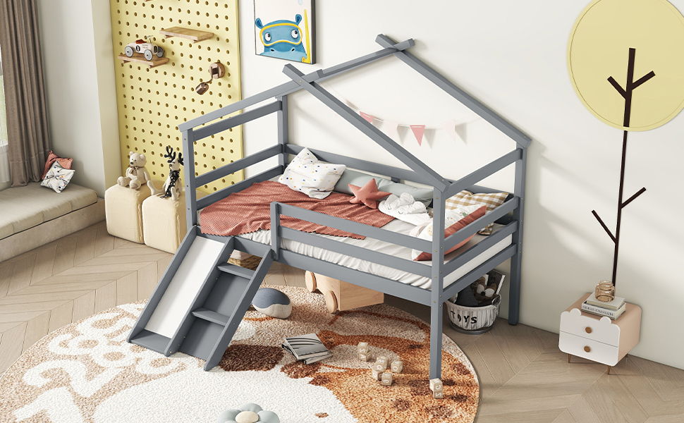 Twin Low Loft House Bed With Slide, Ladder, Safety Guardrails, House Roof Frame - Gray