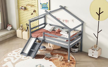 Twin Low Loft House Bed With Slide, Ladder, Safety Guardrails, House Roof Frame - Gray