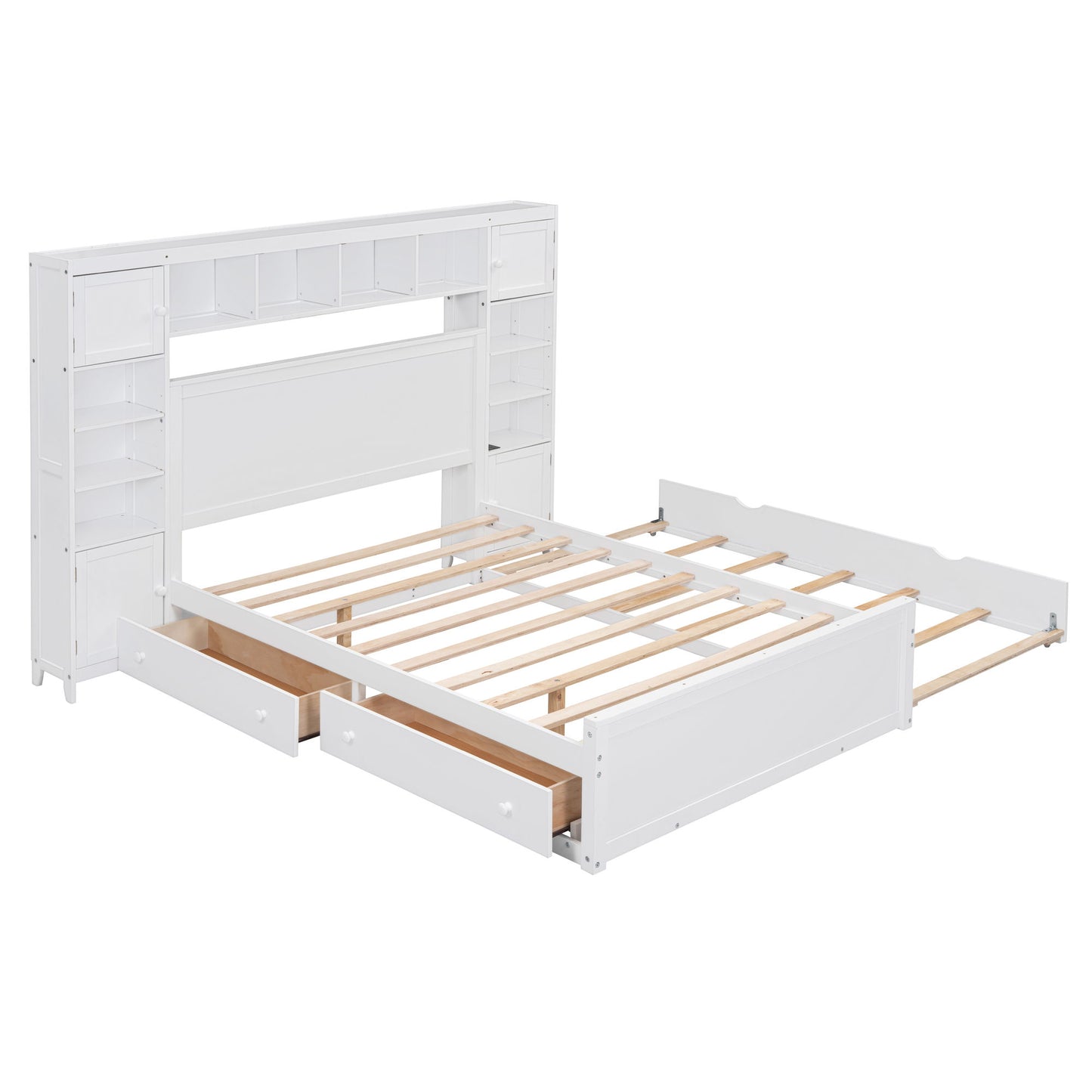 Full Size Bed With All In One Cabinet, Shelf And Sockets, Twin Size Trundle - White