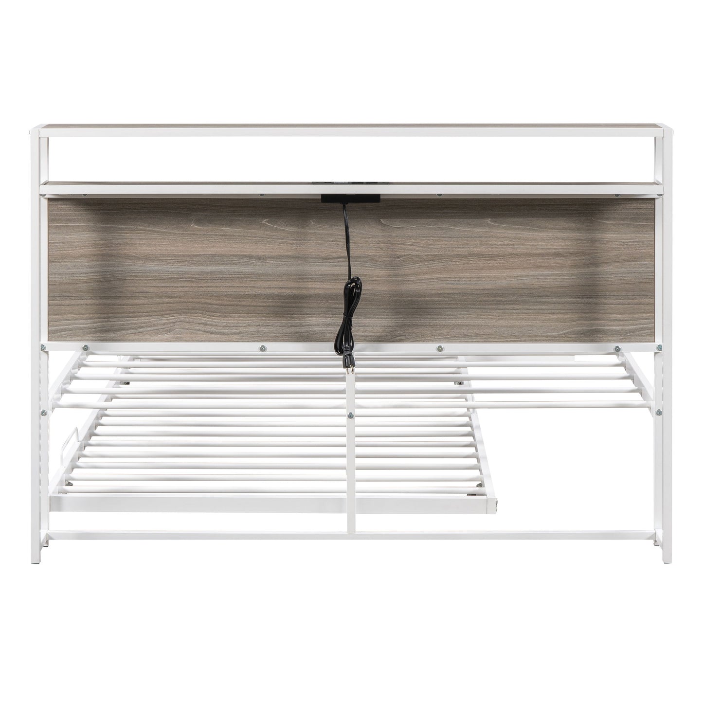 Full Size Platform Bed Frame With Trundle, USB Ports And Slat Support, No Box Spring Needed - White