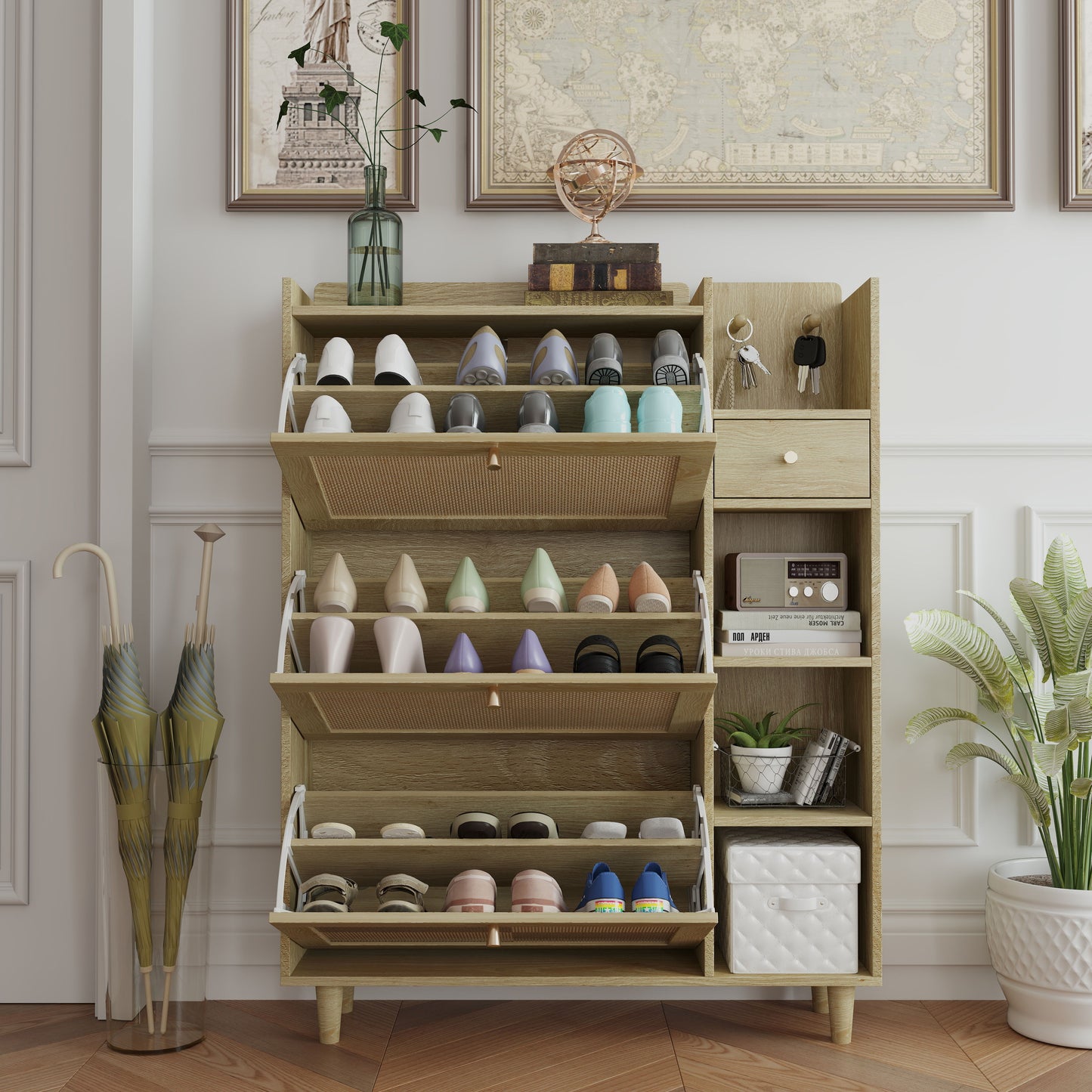 Natural Bohemia Style Shoe Cabinet, Shoe Rack Cabinet With 3 Rattan Flip Drawers, 3 Square Shelves And 1 Storage Drawer, Shoe Organizer With Mulit Storage Space And Hooks For Hallway, Entryway - Natural