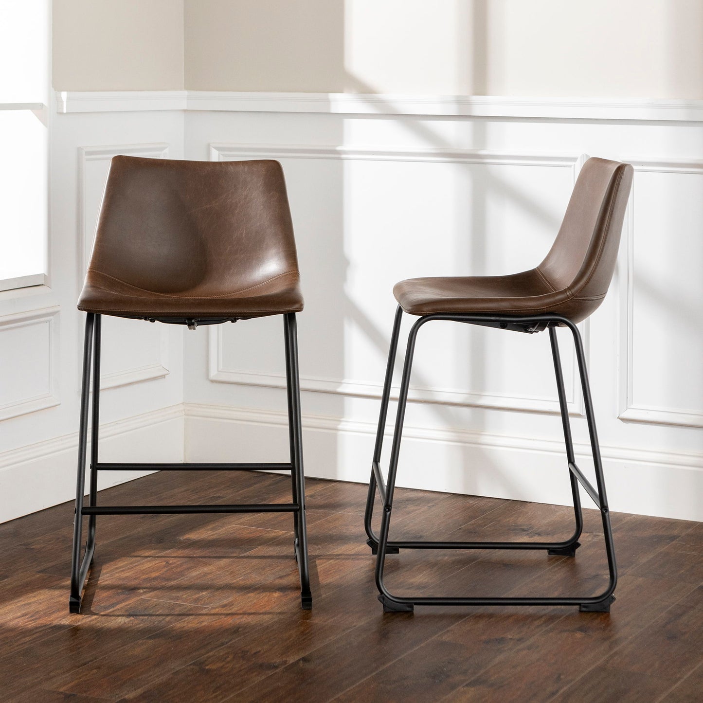 Industrial Faux Leather Counter Stools (Set of 2) - Brown