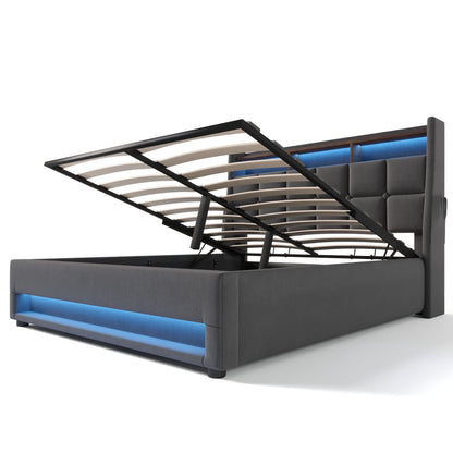 Queen Size Upholstered Platform Bed With A Hydraulic Storage System, LED And USB Charging (Without Mattress) - Gray