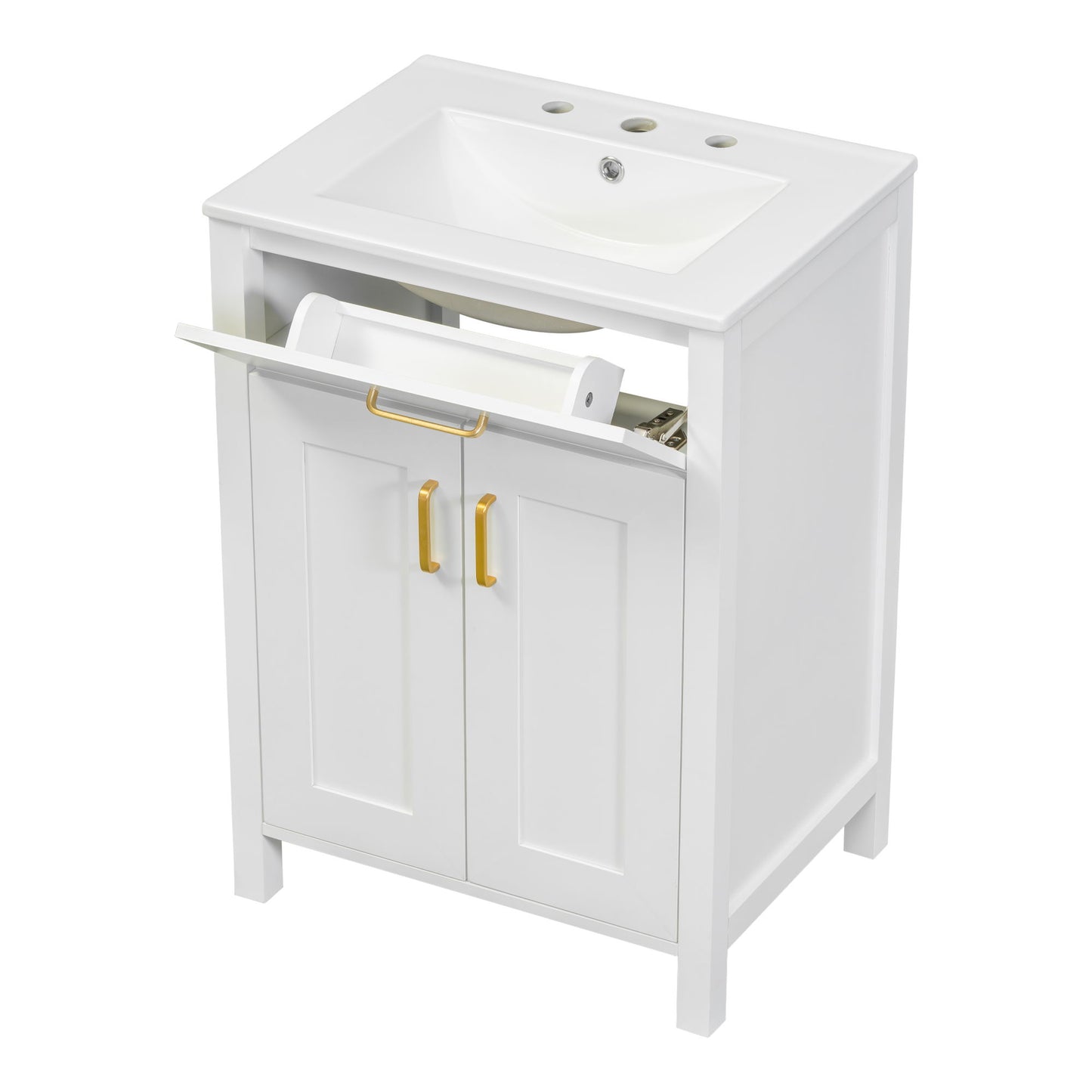 Bathroom Vanity Combo With Ceramic Sink, Luxurious Space-Saving Vanity, 2 Soft-Close Doors - Gold / White