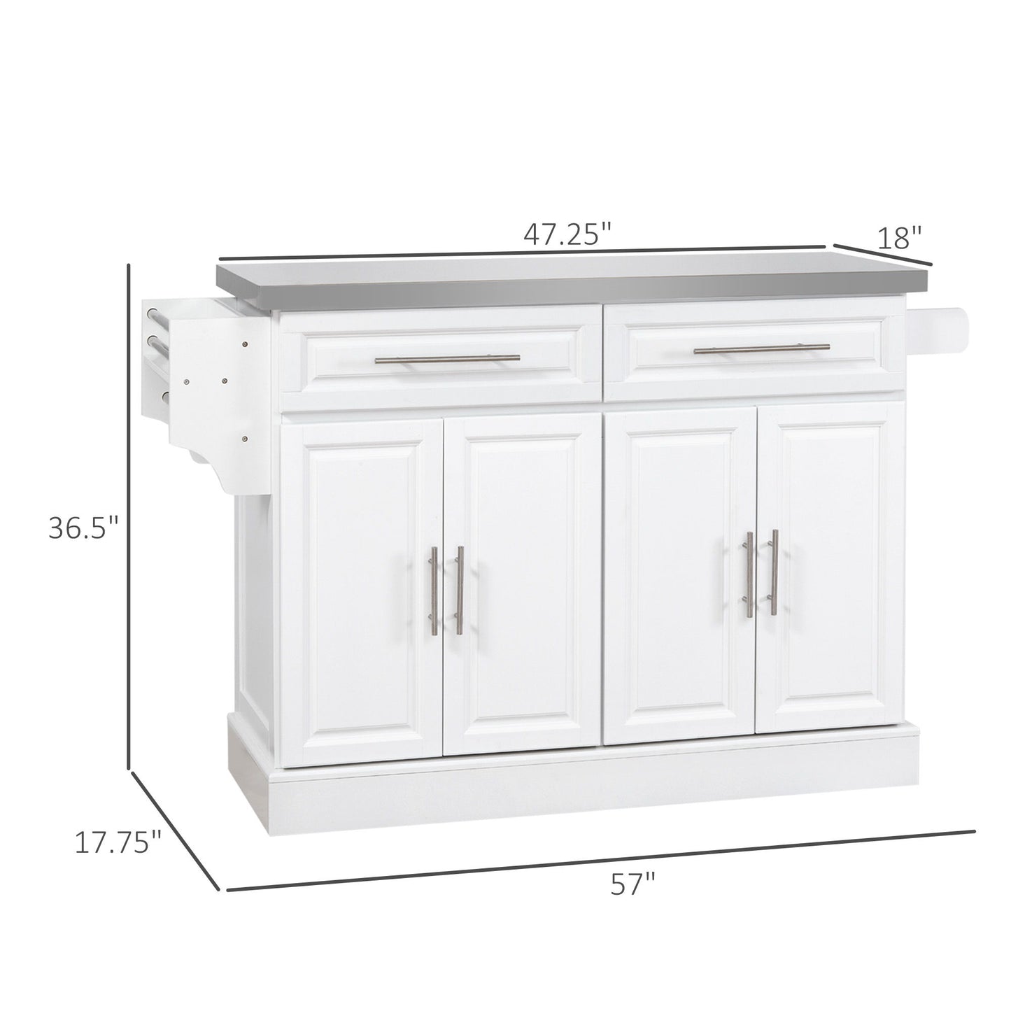 Homcom - Rolling Kitchen Island With Storage, Portable Kitchen Cart With Stainless Steel Top, 2 Drawers, Spice, Knife And Towel Rack And Cabinets - White