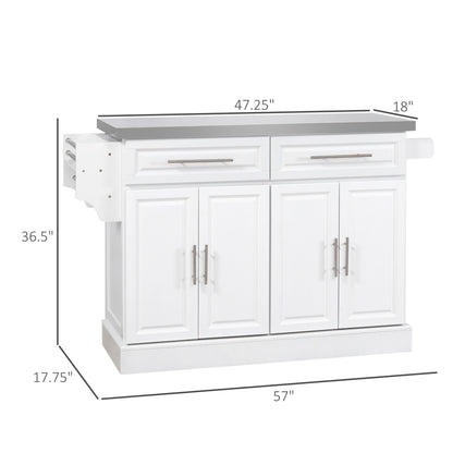 Homcom - Rolling Kitchen Island With Storage, Portable Kitchen Cart With Stainless Steel Top, 2 Drawers, Spice, Knife And Towel Rack And Cabinets - White