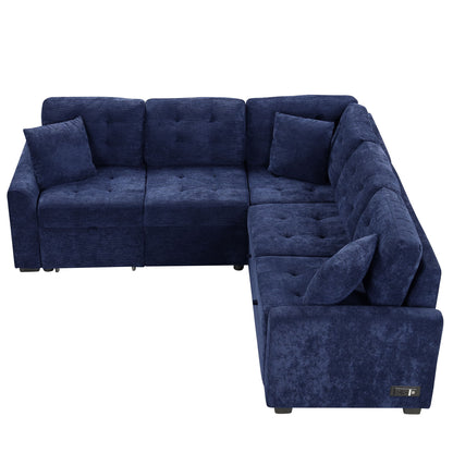 L-Shape Sofa Bed Pull-Out Sleeper Sofa With Wheels, USB Ports, Power Sockets For Living Room - Navy Blue
