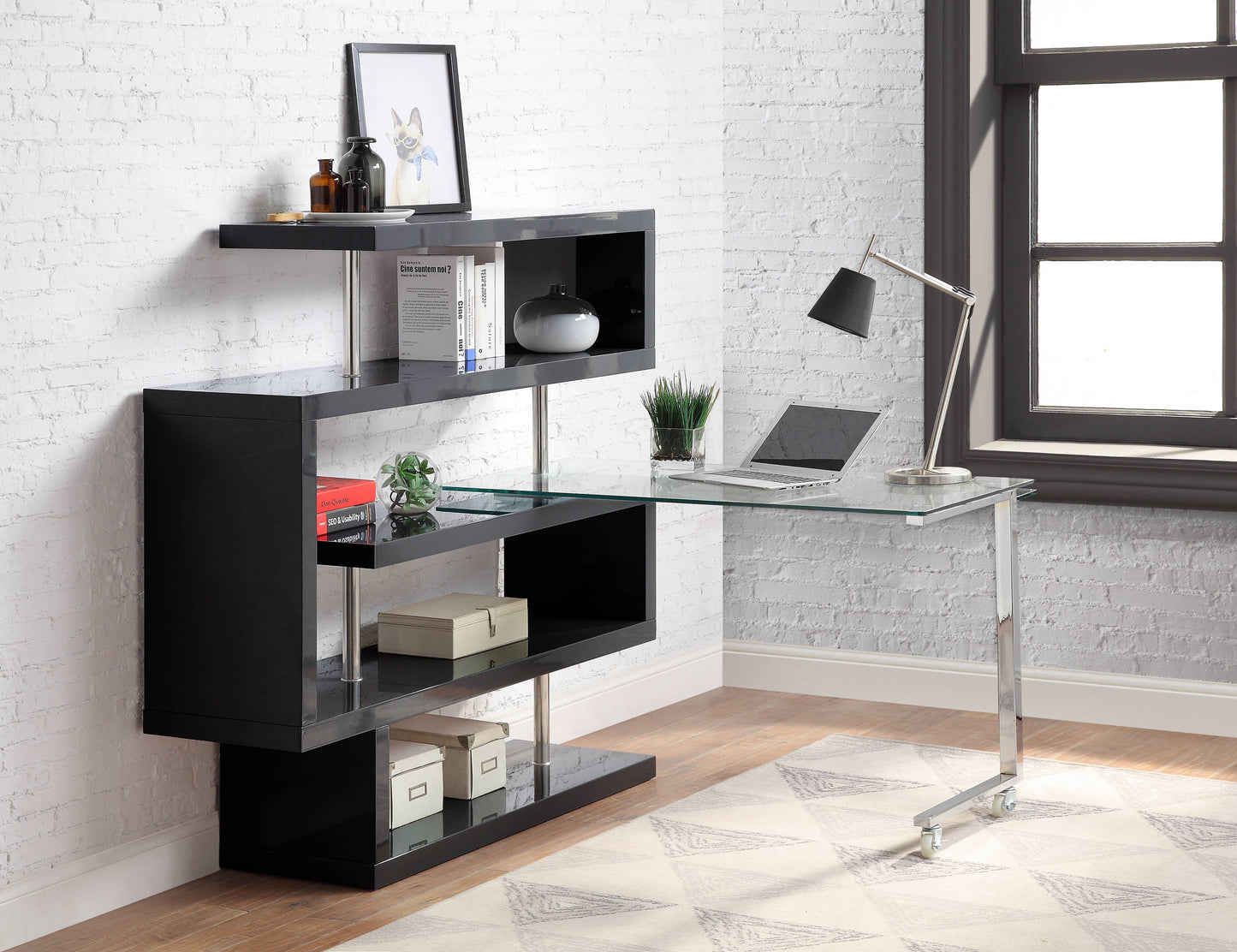 Buck II - Clear Glass, Chrome High Gloss Writing Desk With Shelf - Black