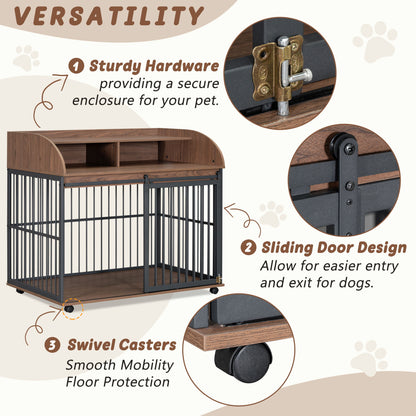 Heavy Duty Large Dog Crate Furniture For Large Medium Dog With Lockable Wheels, Wooden Dog Crate Dog Kennel, End Table Crate With Double Layer Storage - Brown