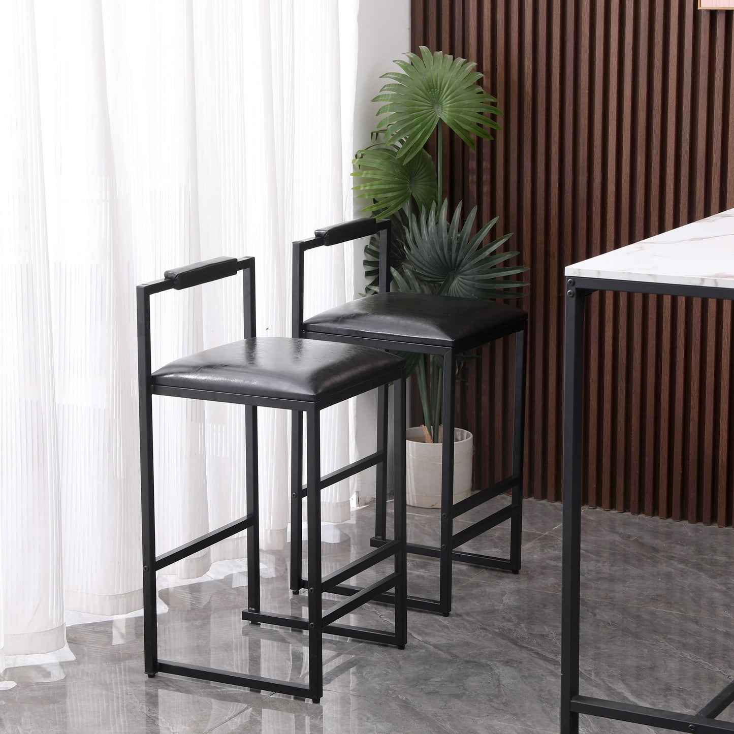 Elegant Bar Stool Set With Backrest And Footrest, Upholstered, Iron Frame, Counter Height - Black