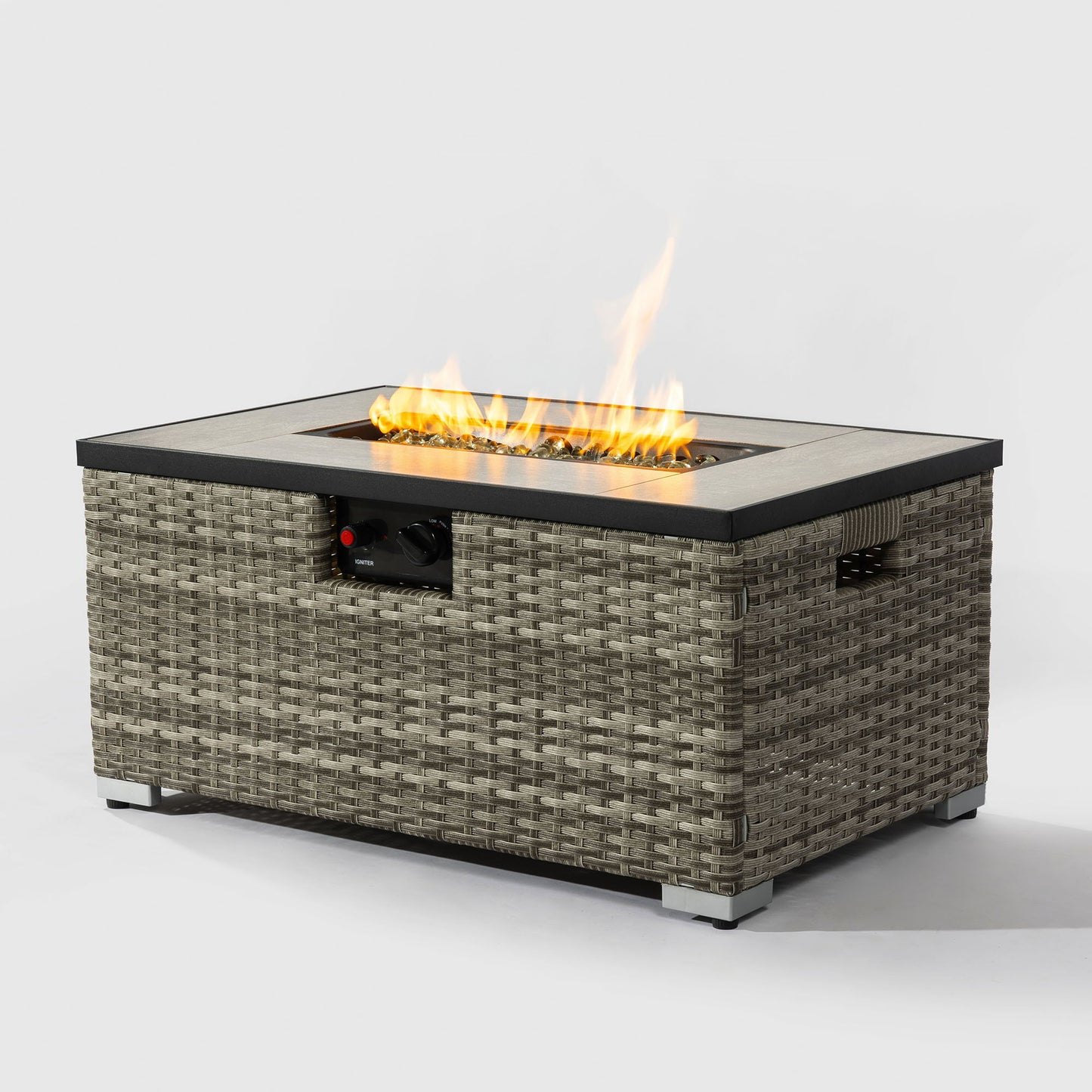 32" Propane Gas Fire Pit Table With Propane Tank Cover, 50000 Btu Rectangular Steel Fire Pit With Beautiful Wicker Base For Outside Garden - Beige