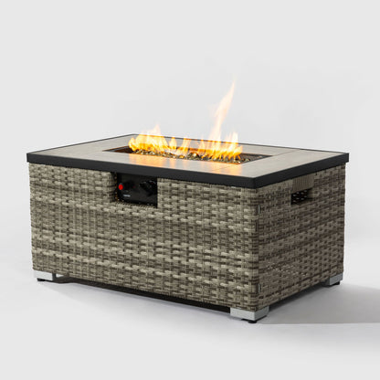 32" Propane Gas Fire Pit Table With Propane Tank Cover, 50000 Btu Rectangular Steel Fire Pit With Beautiful Wicker Base For Outside Garden - Beige