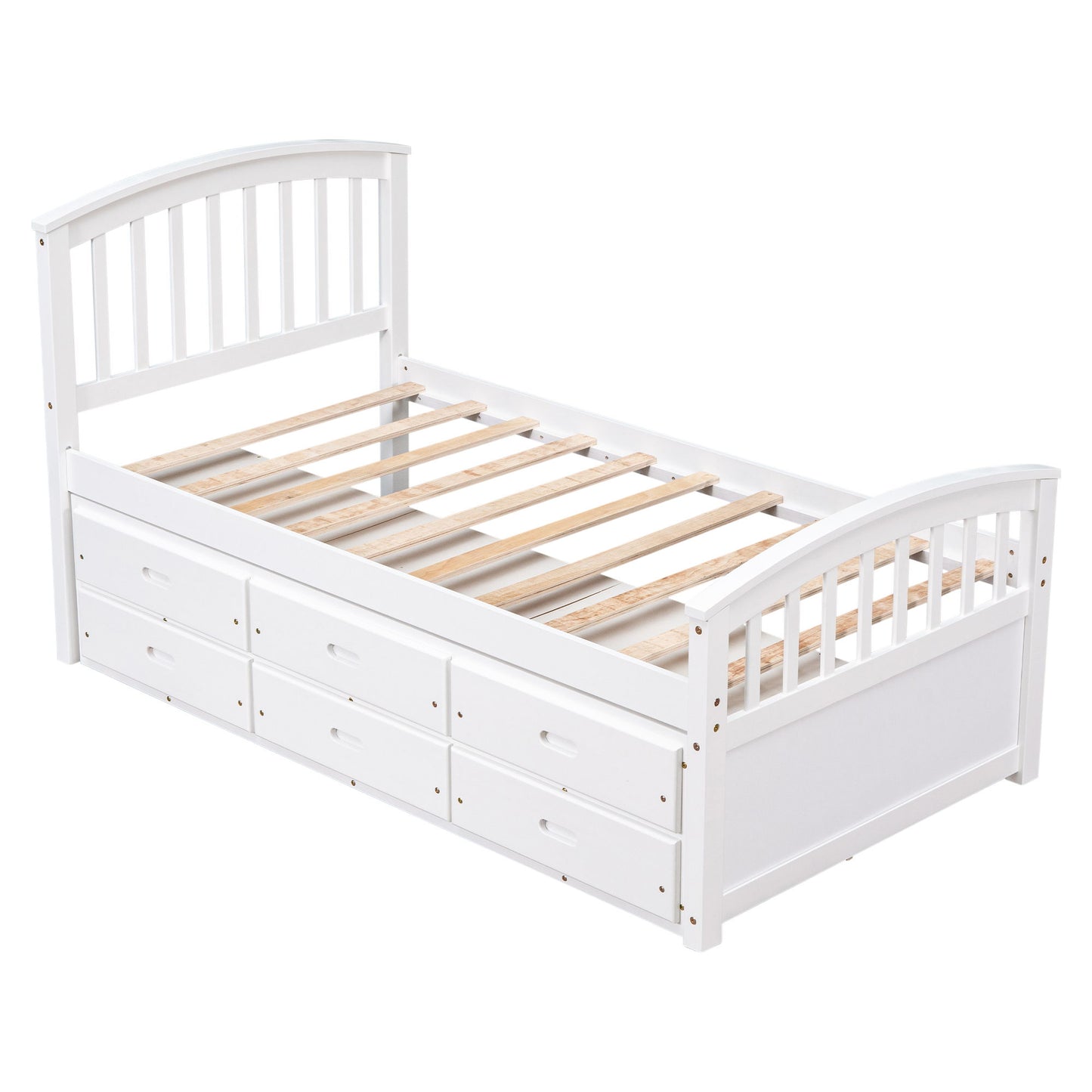 Twin Size Platform Storage Bed Solid Wood Bed With 6 Drawers - White