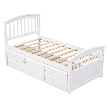 Twin Size Platform Storage Bed Solid Wood Bed With 6 Drawers - White