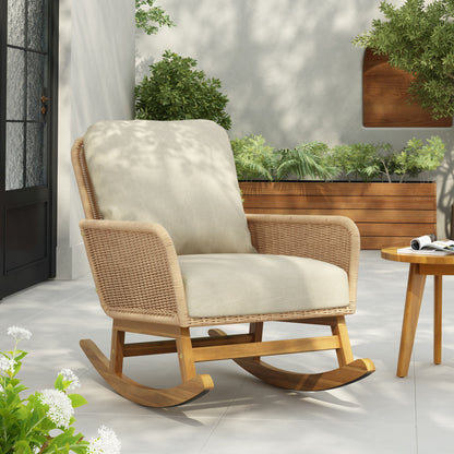 Contemporary Minimalist Wicker Rocking Chair With Soft Polyester Cushions And Wooden Frame - Beige
