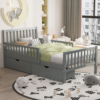 Twin Size Platform Bed With Guardrails On Both Sides And 2 Storage Drawers - Gray