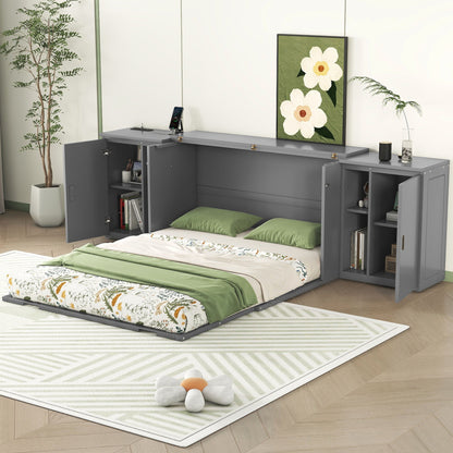 Queen Size Murphy Bed With Shelves, Cabinets And USB Ports - Gray