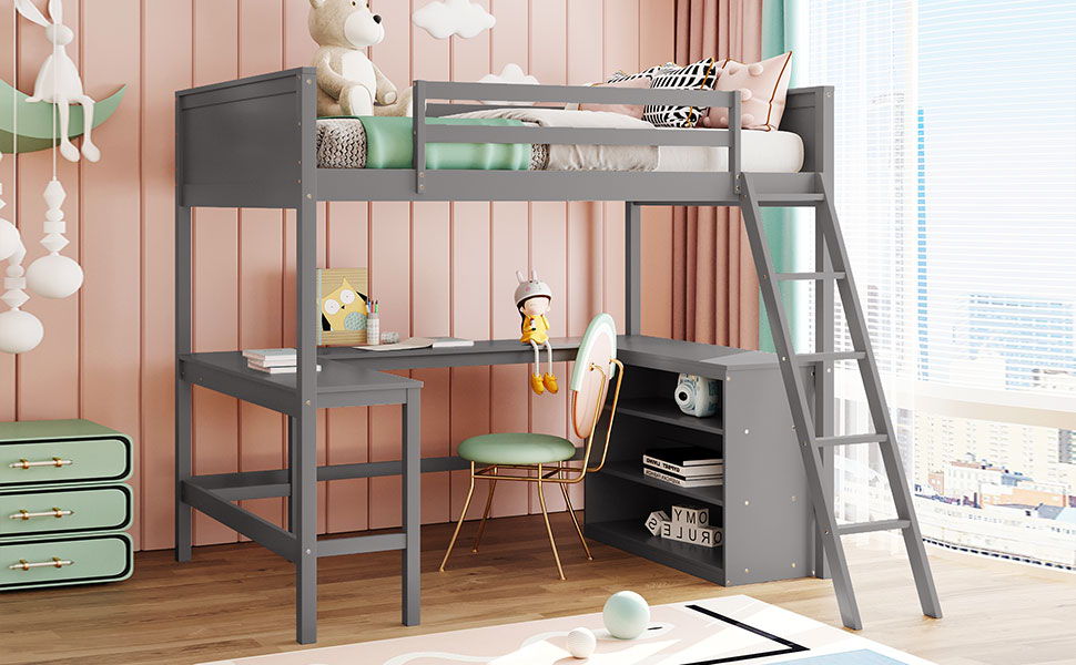 Full Size Loft Bed With Shelves With Desk - Gray