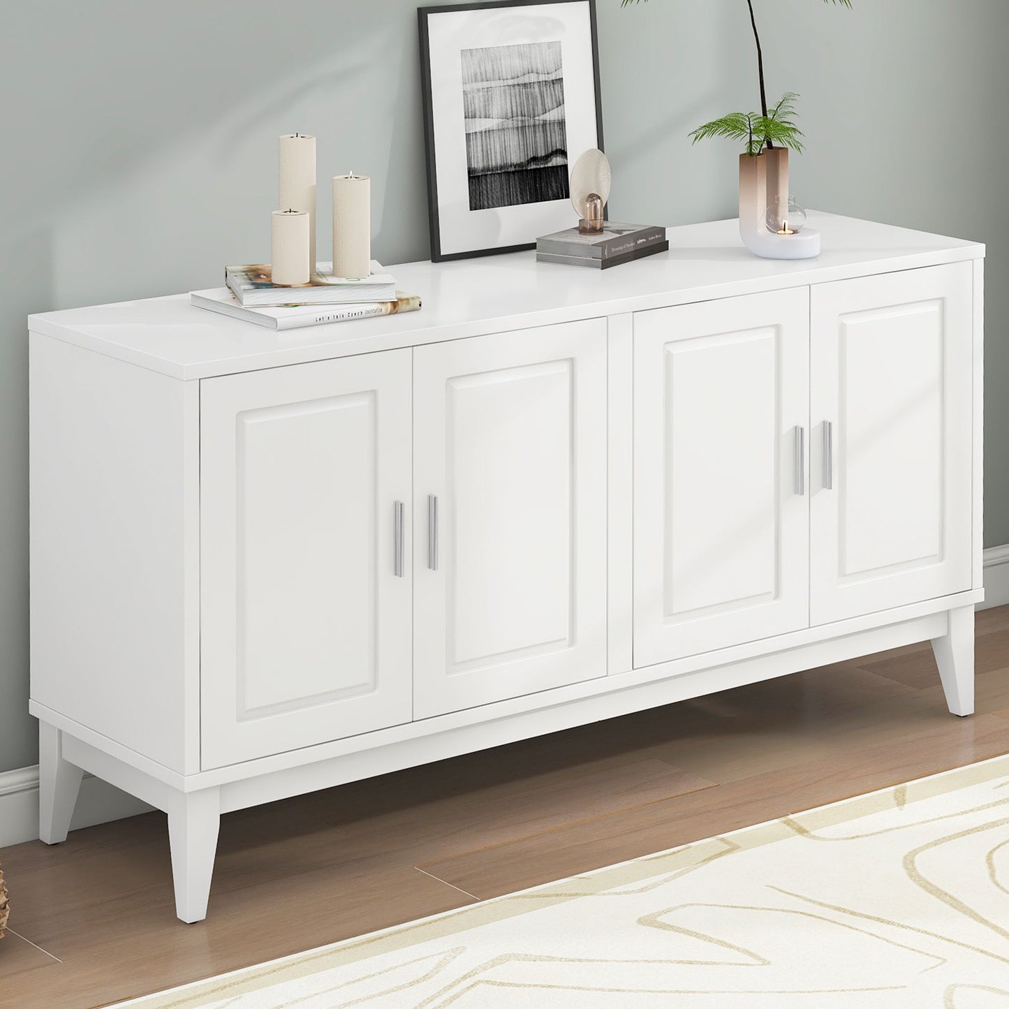 4 Door Sideboard Storage Cabinet With Door Shelf For Living Room And Dining Room, 2 Large Cabinets With Adjustable Shelf - White