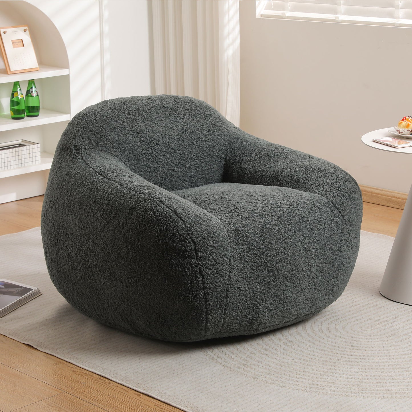 Giant Bean Bag Chair For Adults, Spacious Memory Foam Bean Bag Sofa With Armrests Teddy Fabric, Comfy Seating For Living Room Or Bedroom - Light Grayish Green