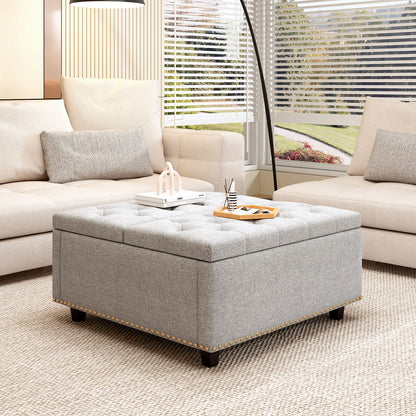 Large Square Storage Bench, Footstool With 2 Storage Doors, Mid - Century Modern Coffee Table For Living Room, Nailhead Inlay - Light Gray