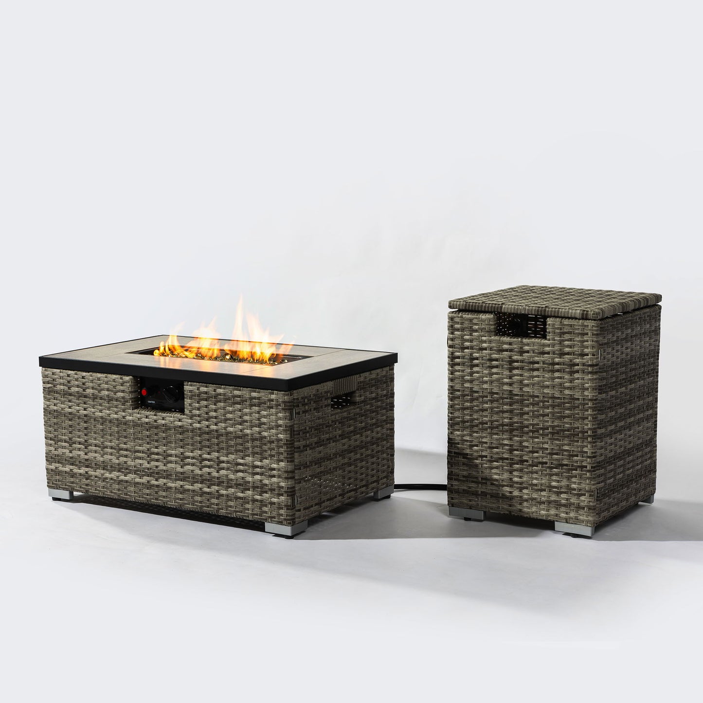 32" Propane Gas Fire Pit Table With Propane Tank Cover, 50000 Btu Rectangular Steel Fire Pit With Beautiful Wicker Base For Outside Garden - Beige