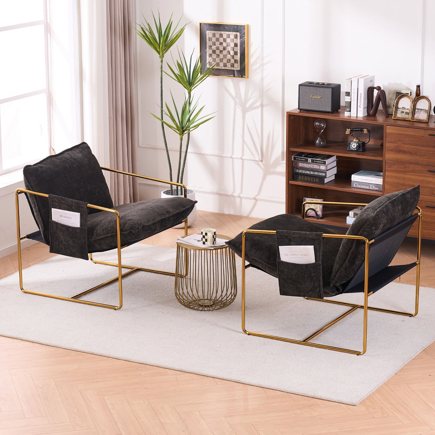 Upholstered Hanging Armchair With Arm Pocketsmetal Frame (Set of 2), Gold-Plated Craftsmanship, Crushed Foam Cushions And Skin-Friendly Woven Fabric For Living Room And Bedroom - Dark Gray