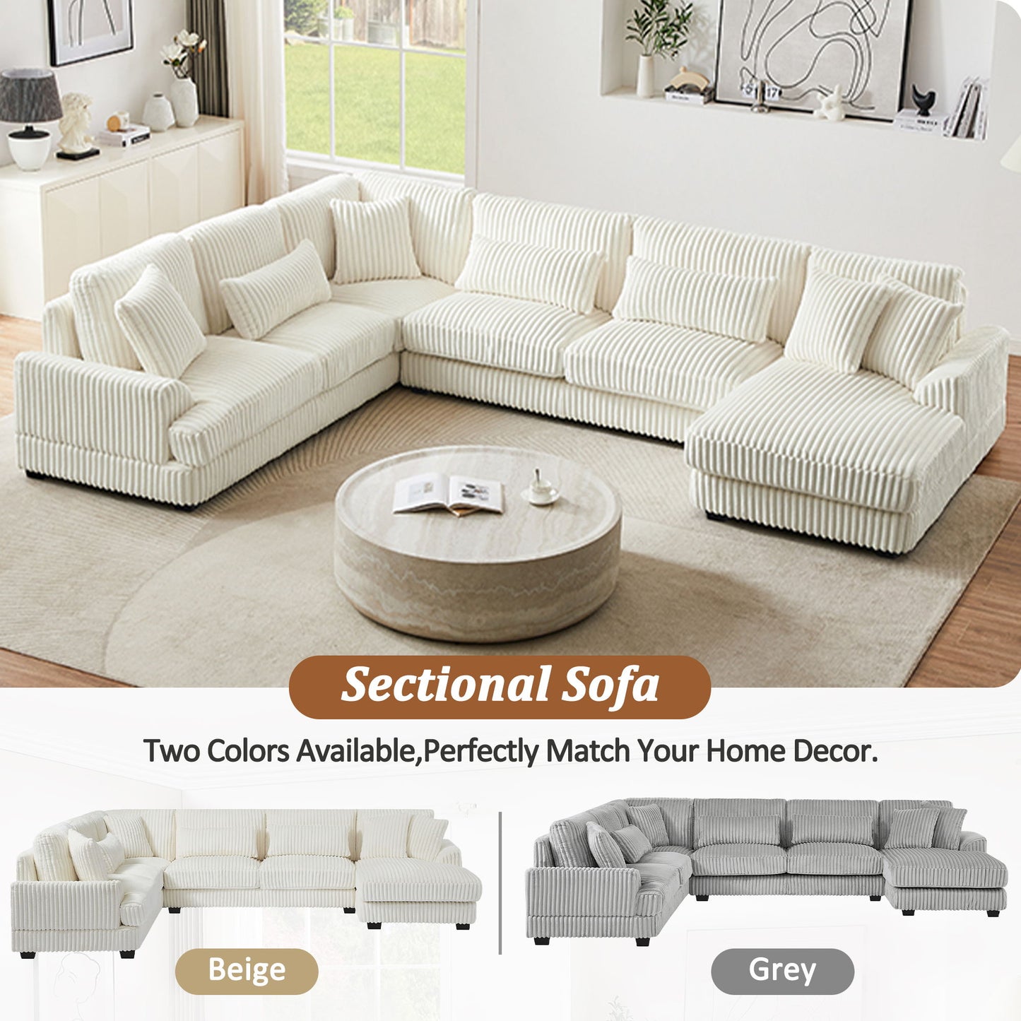 Oversized Sectional Sofa U - Shaped Sofa Couch Modern Sofa Upholstered In Soft Corduroy With A Chaise Lounge For Living Room - Beige