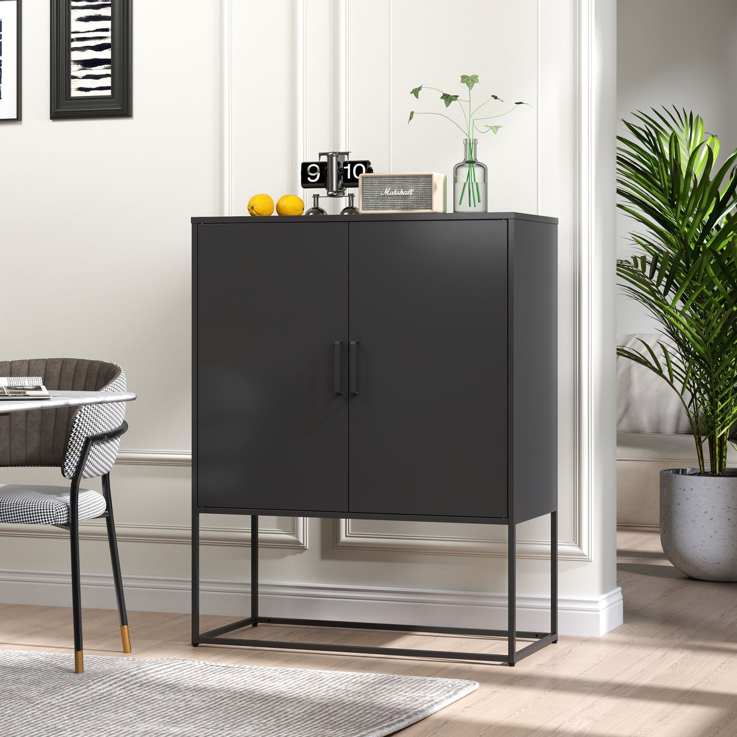 Heavy Duty Metal Buffet Sideboard Modern Steel Storage Cabinet With 2 Shelves, Free Standing Accent Cabinet With Magnetic Doors For Bedroom, Kitchen, And Home Office, Anti-Tip Design - Black