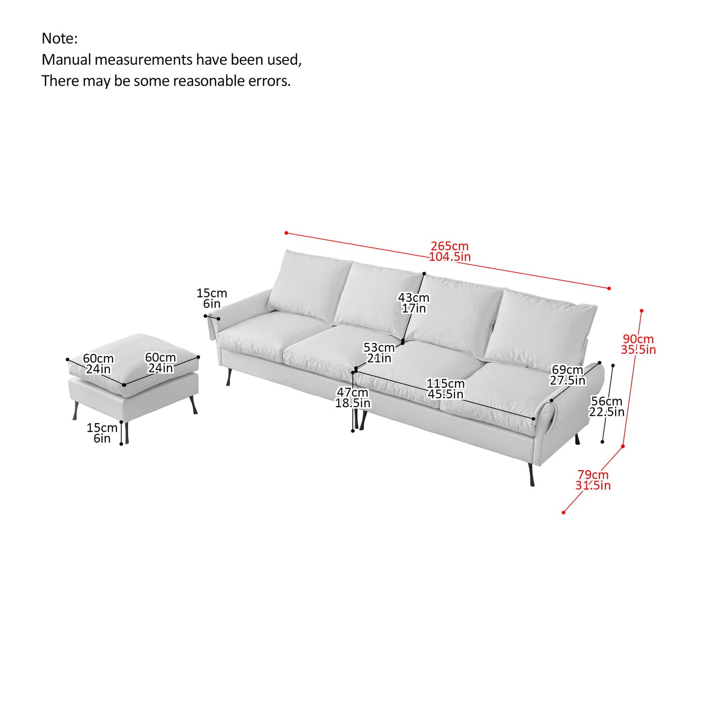 Modern Sectional Technical Leather L-Shaped Sofa Couch With Convertible Ottoman - Dark Gray