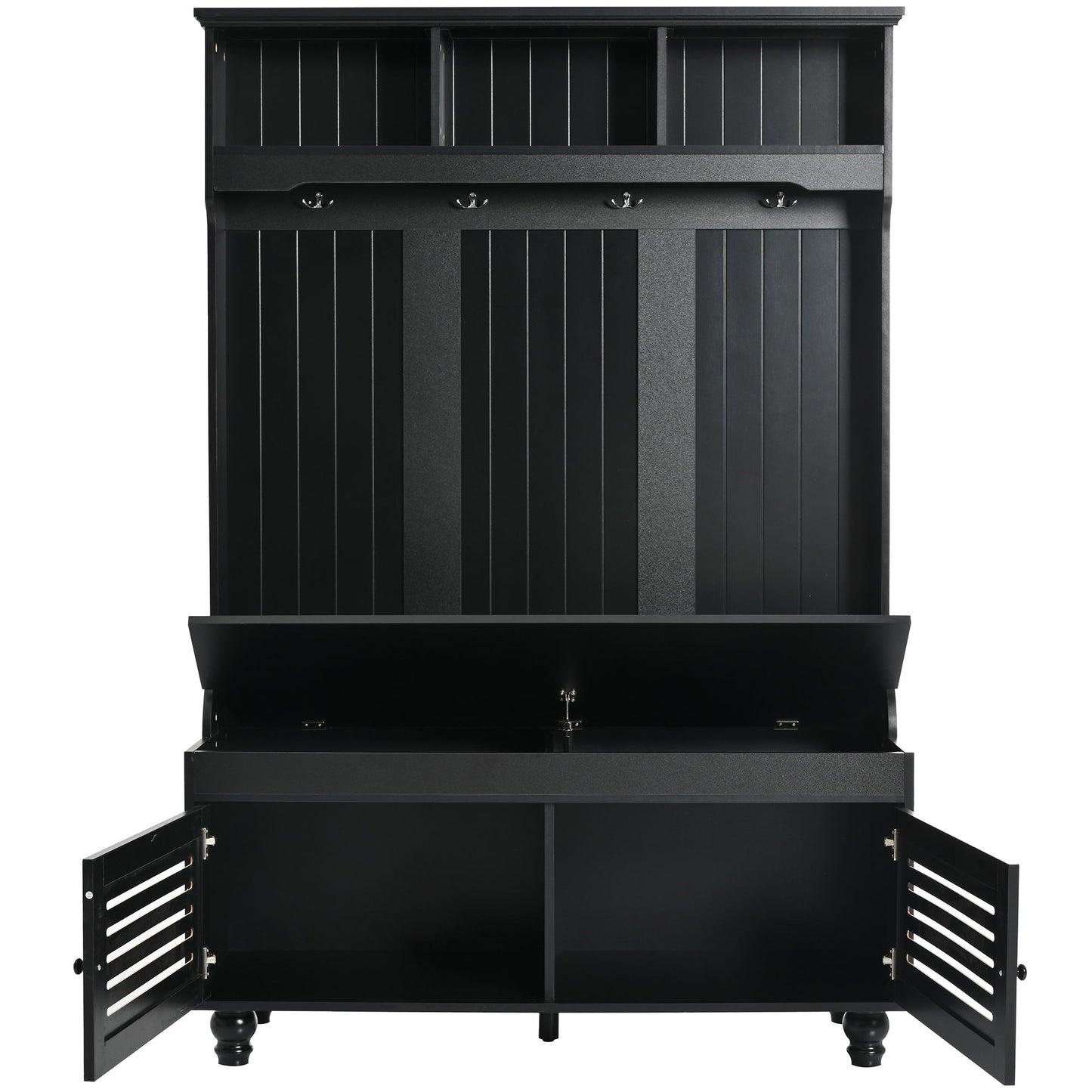 5 In 1 Entryway Bench With Shutter - Shaped Doors, Coat Rack, Cushion And 4 Sturdy Hooks, Wide Hall Tree With Storage Bench For Hallway, Entryway, Living Room - Black