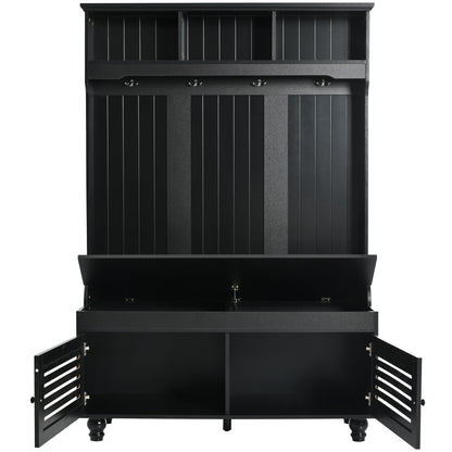 5 In 1 Entryway Bench With Shutter - Shaped Doors, Coat Rack, Cushion And 4 Sturdy Hooks, Wide Hall Tree With Storage Bench For Hallway, Entryway, Living Room - Black