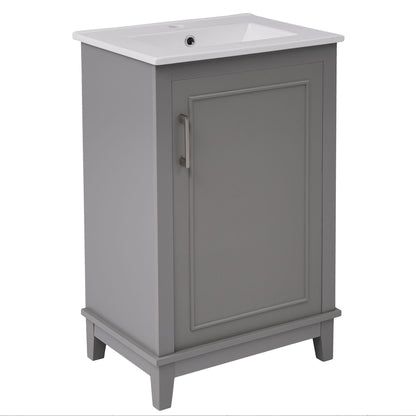 Modern Small Bathroom Vanity Cabinet With Ceramic Basin, Ample Storage, 1 Soft-Close Door - Gray