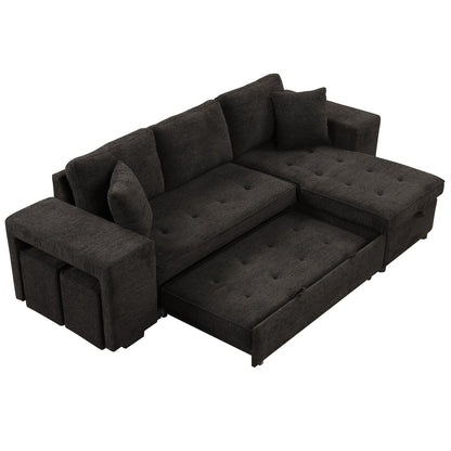 Modern L-Shape 3 Seat Reversible Sectional Couch, Pull Out Sleeper Sofa With Storage Chaise And 2 Stools For Living Room Furniture Set - Charcoal Gray