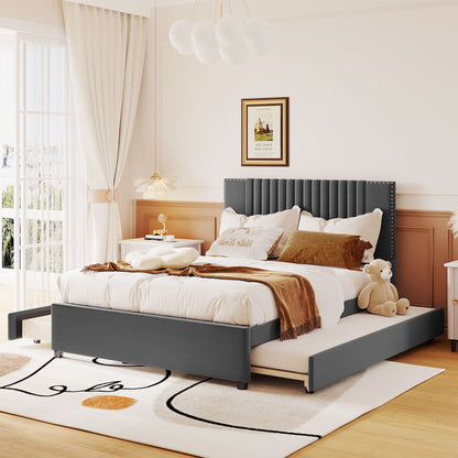 Full Size Upholstered Platform Bed With 2 Drawers And 1 Twin Size Trundle, Classic Headboard Design - Gray