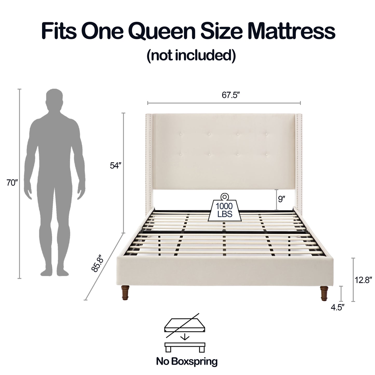 Peyton - Queen Bed Upholstered With High Headboard, Traditional Hand Buttoned Tufting - Ivory Velvet