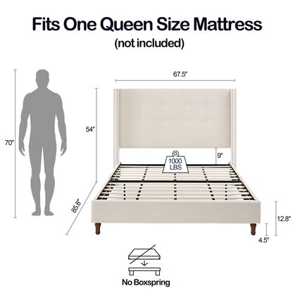 Peyton - Queen Bed Upholstered With High Headboard, Traditional Hand Buttoned Tufting - Ivory Velvet