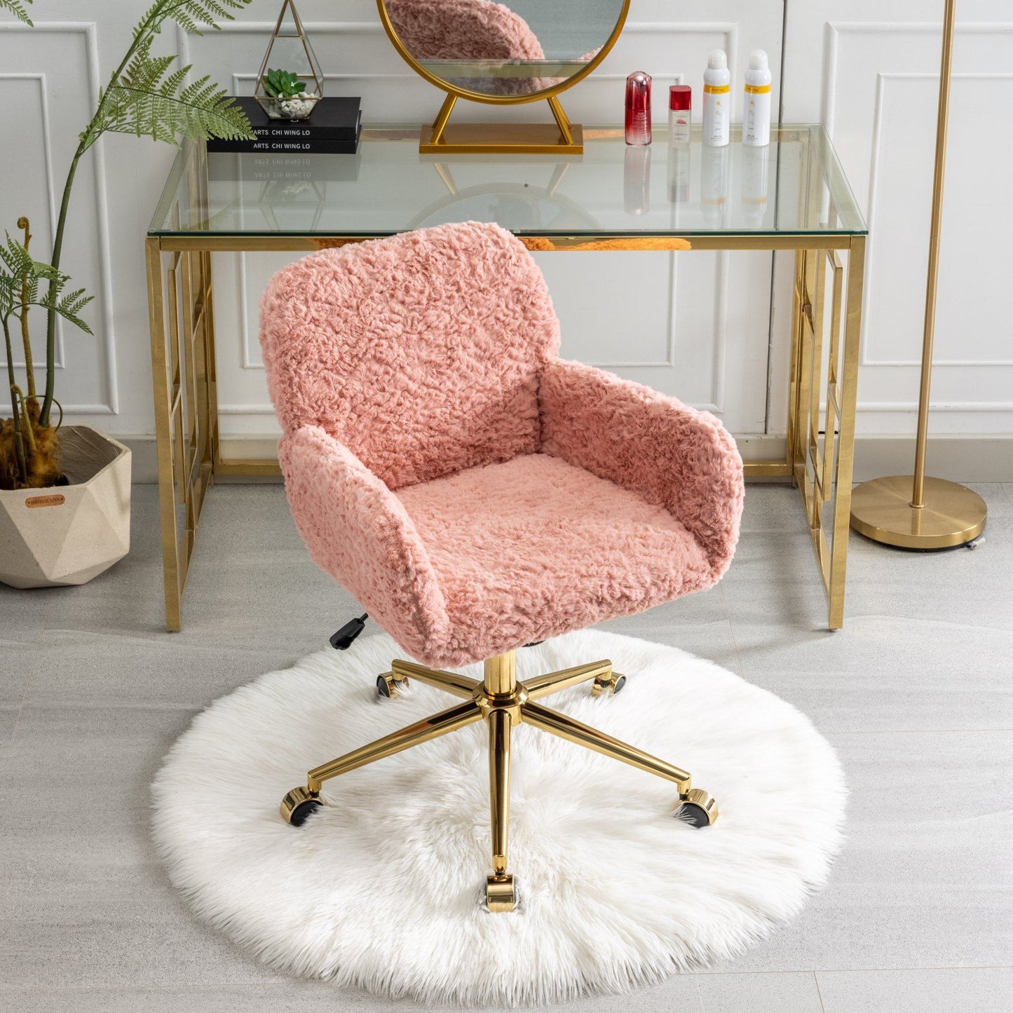 Office Chair, Artificial Rabbit Hair Home Office Chair With Golden Metal Base, Adjustable Desk Chair Swivel Office Chair, Vanity Chair - Pink