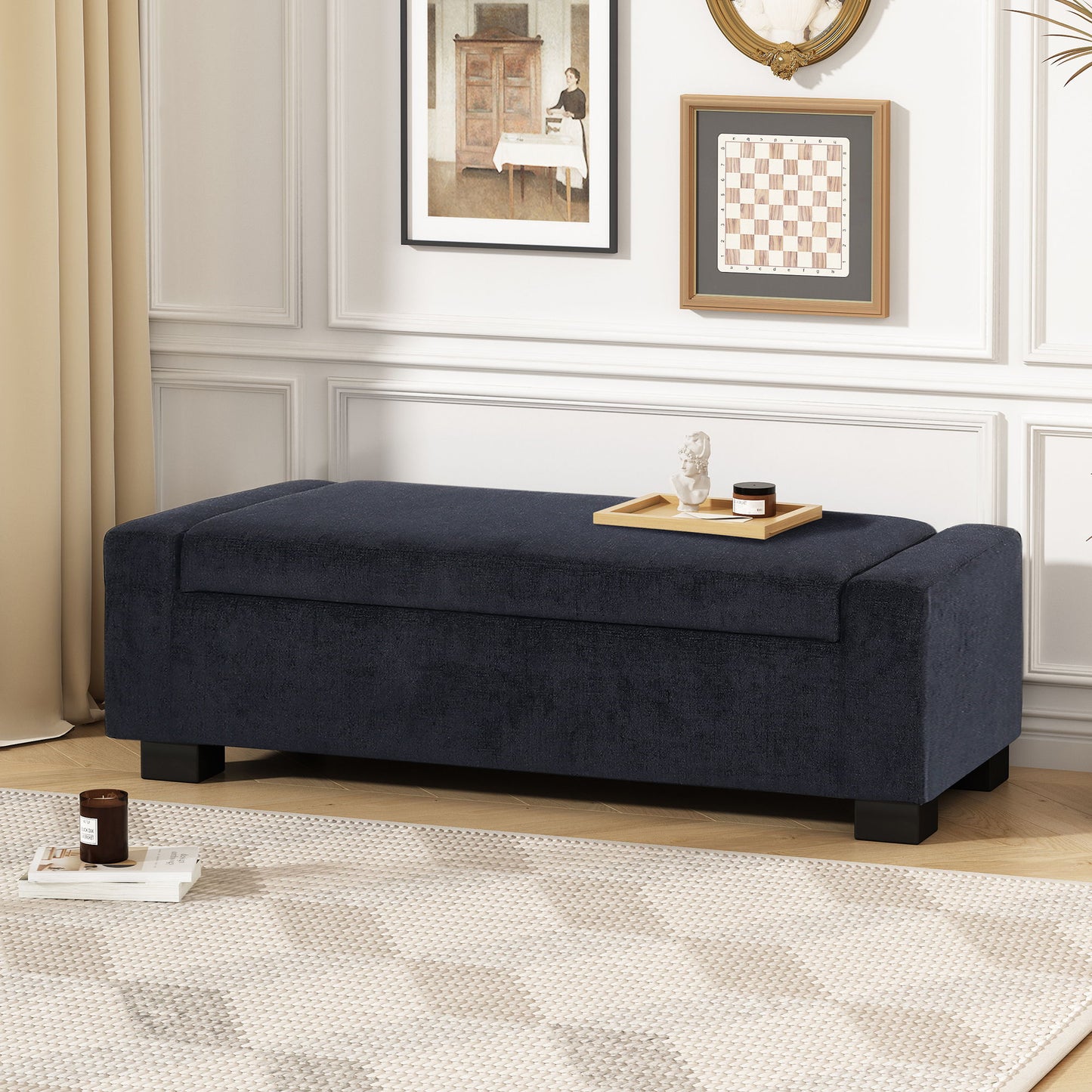 Textured Fabric Ottoman Bench With Hinged Lid - Dark Blue